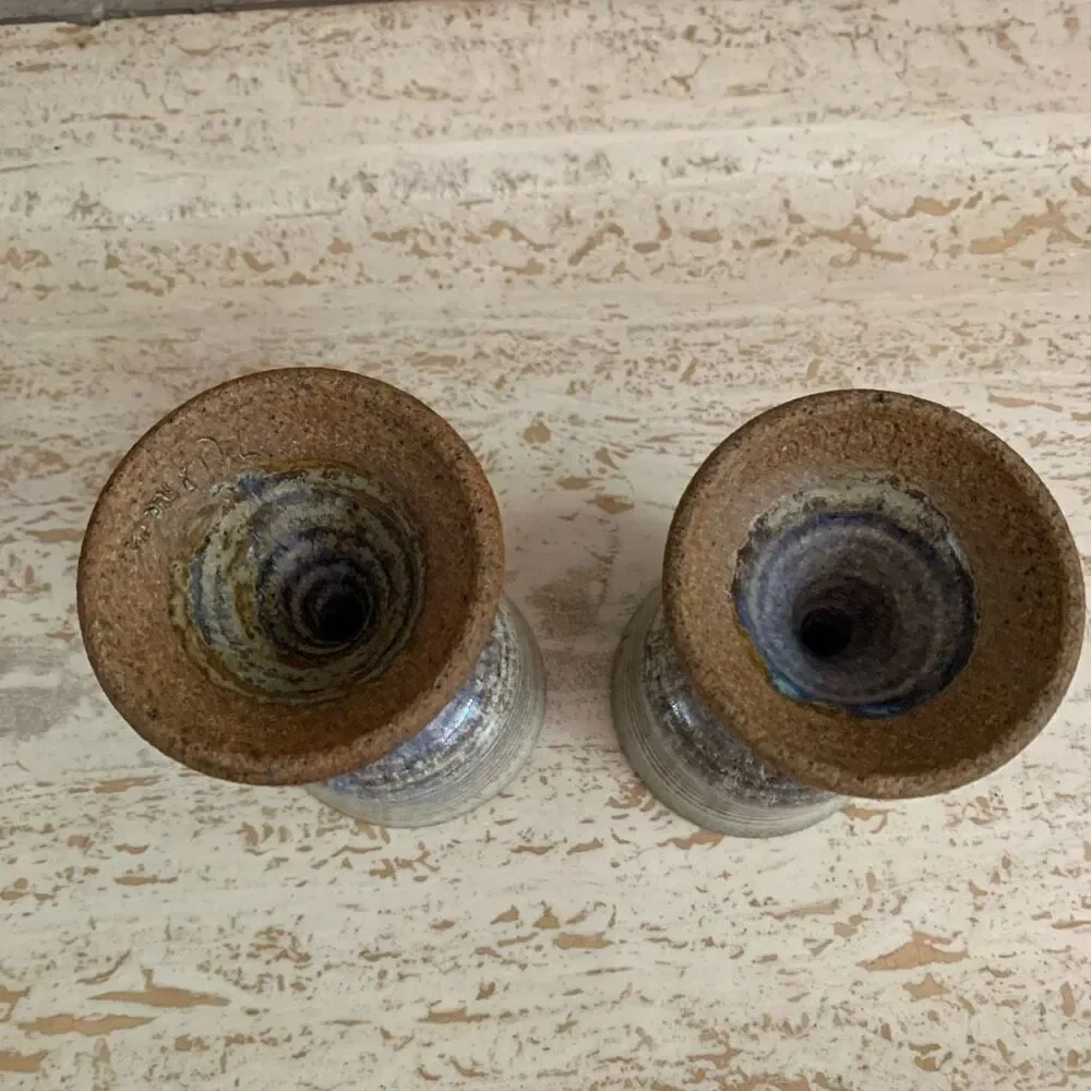 Set of two pottery goblets with purple & blue  drippy glaze.
